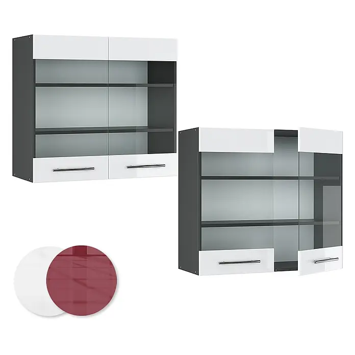 Vicco Schrankküche Fame-Line Weiß Hochglanz - Weiß Hochglanz, Hängeglasschrank 80 cm - Weiß-grauer Hängeschrank mit Glastüren und Schubladen, geschlossen und teilweise offen gezeigt. Inklusive weißer und roter Dekorplatten.
