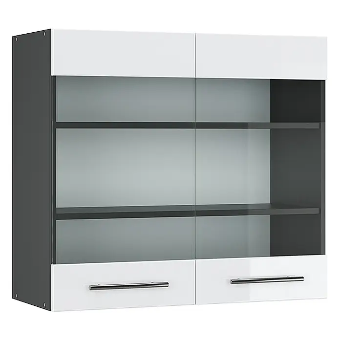 Vicco Schrankküche Fame-Line Weiß Hochglanz - Weiß Hochglanz, Hängeglasschrank 80 cm - Weiß-dunkelgrauer Hängeschrank mit Glastüren, Regalböden und zwei Schubladen mit Chromgriffen.