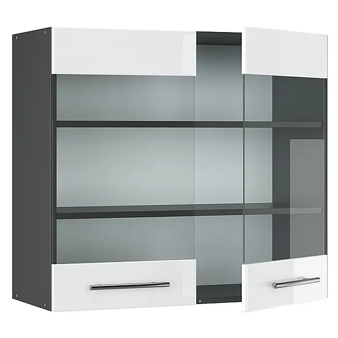 Vicco Schrankküche Fame-Line Weiß Hochglanz - Weiß Hochglanz, Hängeglasschrank 80 cm - Zweitüriger Hängeschrank mit grauem Korpus, weißen Blenden, Glastüren und Chromgriffen. Eine Tür ist offen.