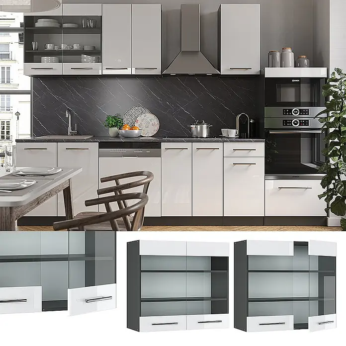 Vicco Schrankküche Fame-Line Weiß Hochglanz - Weiß Hochglanz, Hängeglasschrank 80 cm - Glänzendes weißes modulares Küchenschrank-Set mit dunklen Akzenten und integrierten Geräten in einer modernen Küche.