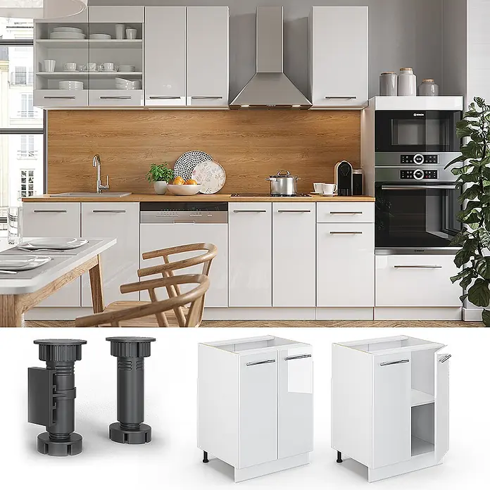 Vicco Schrankküche Fame-Line Weiß Hochglanz, AP Eiche - Weiß Hochglanz, Unterschrank 60 cm - Moderne Küche mit hochglänzenden weißen Schränken, integrierten Geräten und schwarzen verstellbaren Möbelfüßen.