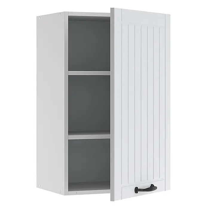 Vicco Schrankküche Fame-Line Weiß Landhaus - Weiß Landhaus, Hängeschrank 45 cm - Weißer Wandschrank mit offener Lattenrosttür und schwarzem Griff, zeigt zwei Regalböden.