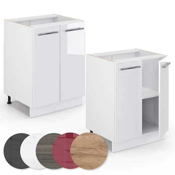 Vicco Schrankküche Fame-Line Weiß Hochglanz ohne Arbeitsplatte - Weiß Hochglanz, Unterschrank 60 cm - Weiße Küchenunterschränke mit silbernen Griffen, einer offen mit Regal. Erhältlich in Weiß, Grau, Rot und Holzfarben.