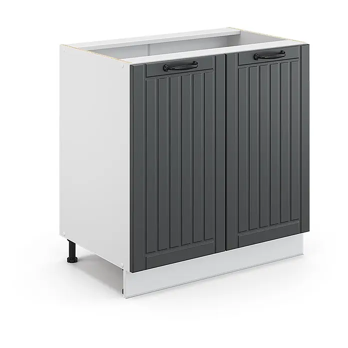 Vicco Schrankküche Fame-Line Anthrazit Landhaus mit Regal, ohne Arbeitsplatte - Anthrazit Landhaus, Unterschrank 80 cm - Weißer Küchenunterschrank mit dunkelgrauen Lamellentüren, dunklen Griffen und weißer Sockelblende.
