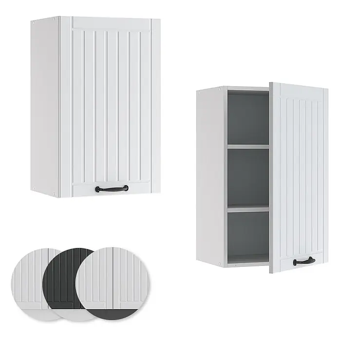 Vicco Schrankküche Fame-Line Weiß Landhaus - Weiß Landhaus, Hängeschrank 45 cm - Weißer Küchenhängeschrank mit vertikal geriffelter Tür und schwarzem Griff, geschlossen und offen mit zwei Regalböden gezeigt. Farboptionen dargestellt.