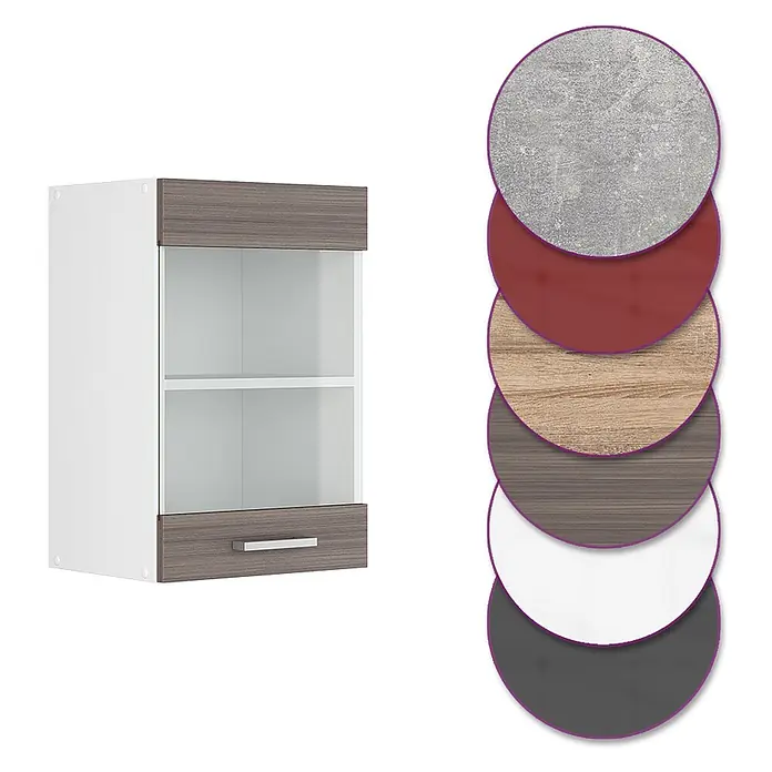 Vicco Schrankküche R-Line Edelgrau - Edelgrau, Hängeglasschrank 40 cm - Weißer Wandschrank mit Glastür, grauem Holzdekor und Regal. Daneben abgebildete Material- und Farbmuster.