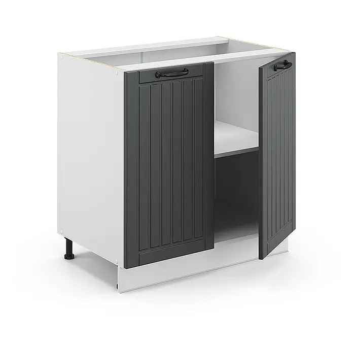 Vicco Schrankküche Fame-Line Anthrazit Landhaus mit Regal, ohne Arbeitsplatte - Anthrazit Landhaus, Unterschrank 80 cm - Weißer Küchenunterschrank mit dunkelgrauen Lamellentüren, eine offen mit Einlegeboden. Schwarze Griffe und verstellbare Füße.