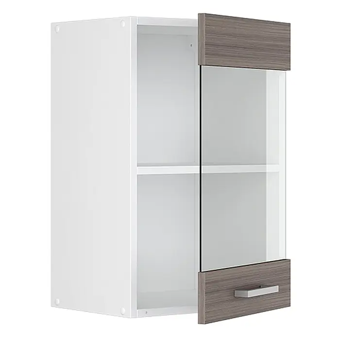 Vicco Schrankküche R-Line Edelgrau - Edelgrau, Hängeglasschrank 40 cm - Weißer Hängeschrank mit teilweise geöffneter Tür, grauen Holzmaserungsfeldern und Glaseinsatz, der Innenablagen zeigt.