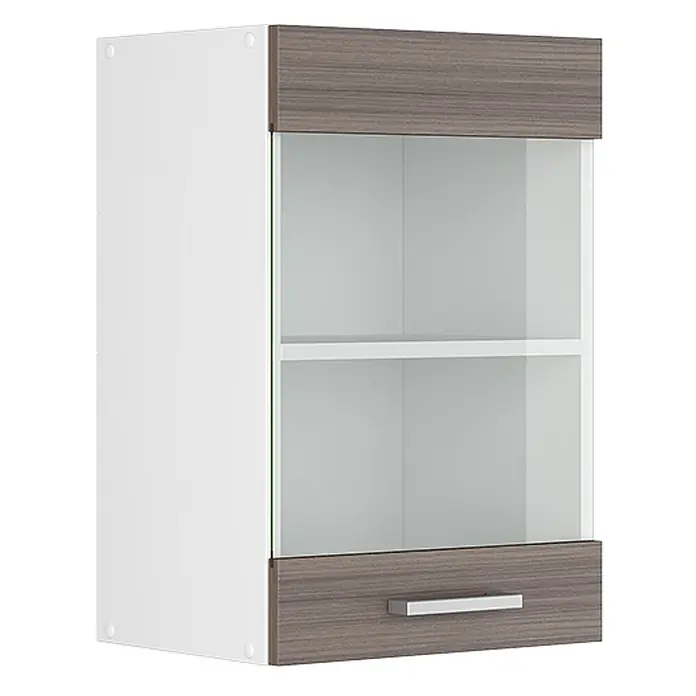 Vicco Schrankküche R-Line Edelgrau - Edelgrau, Hängeglasschrank 40 cm - Weißer Wandschrank mit grauer Holzmaserung oben/unten, Glastür, internem Regal und silbernem Griff.