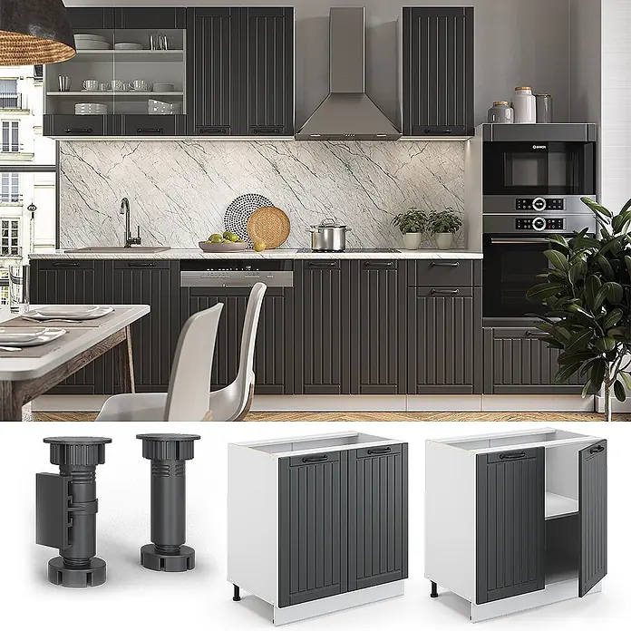 Vicco Schrankküche Fame-Line Anthrazit Landhaus mit Regal, ohne Arbeitsplatte - Anthrazit Landhaus, Unterschrank 80 cm - Dunkelgraue Küchenschränke mit geriffelten Türen in einer modernen Küche.