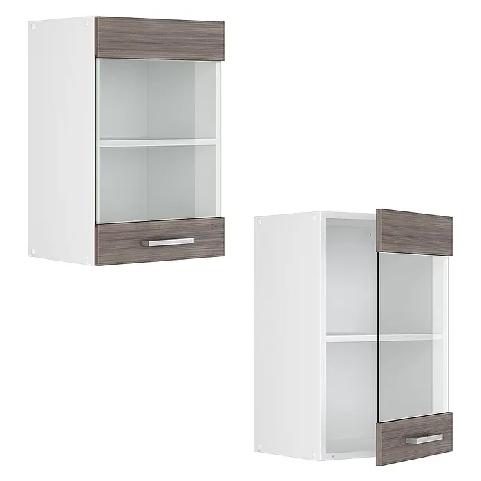 Vicco Schrankküche R-Line Edelgrau - Edelgrau, Hängeglasschrank 40 cm - Weißer Küchenhängeschrank mit grauen Holz-Akzenten, Glastür und silbernem Griff. Mit einem Einlegeboden.