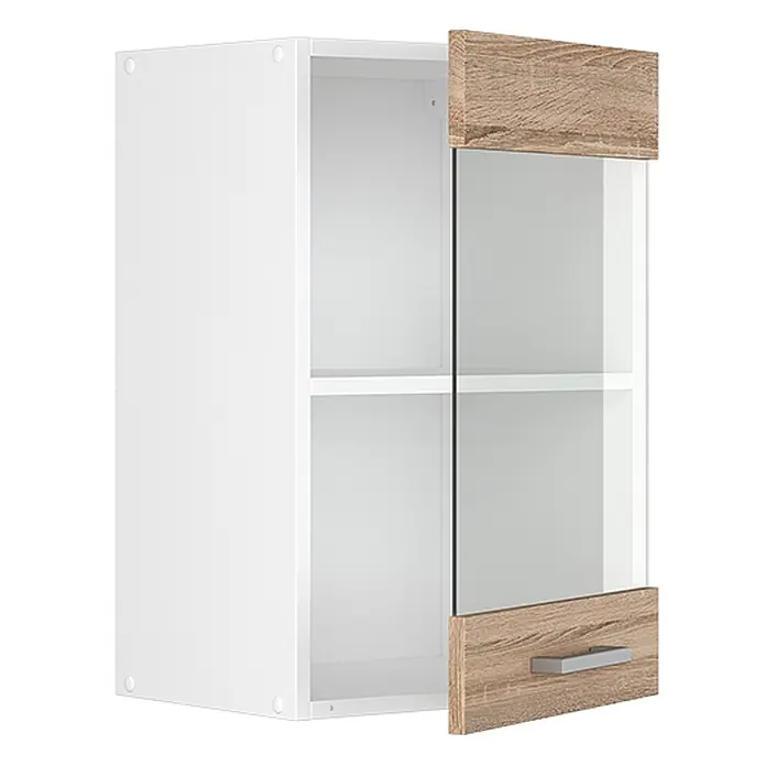 Vicco Schrankküche R-Line Sonoma - Sonoma, Hängeglasschrank 40 cm - Weißer Hängeschrank mit Tür mit Glaseinsatz, hellen Holzpaneelen und silbernem Griff.