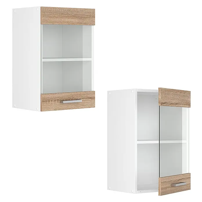 Vicco Schrankküche R-Line Sonoma - Sonoma, Hängeglasschrank 40 cm - Zwei weiße Wandschränke mit heller Holzoptik, Glastüren und silbernen Griffen.
