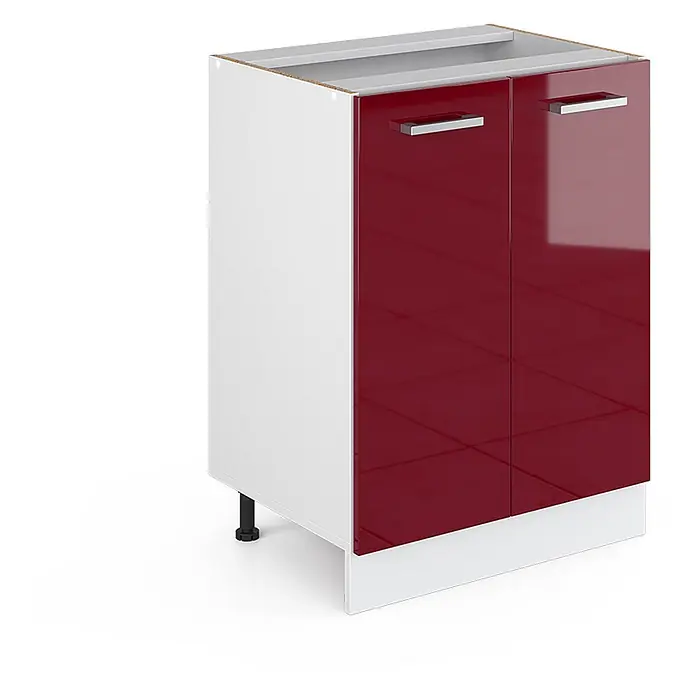 Vicco Schrankküche R-Line Rot Hochglanz ohne Arbeitsplatte - Rot Hochglanz, Unterschrank 60 cm - Weißer Küchenunterschrank mit glänzenden roten Türen, Metallgriffen und verstellbaren Füßen.
