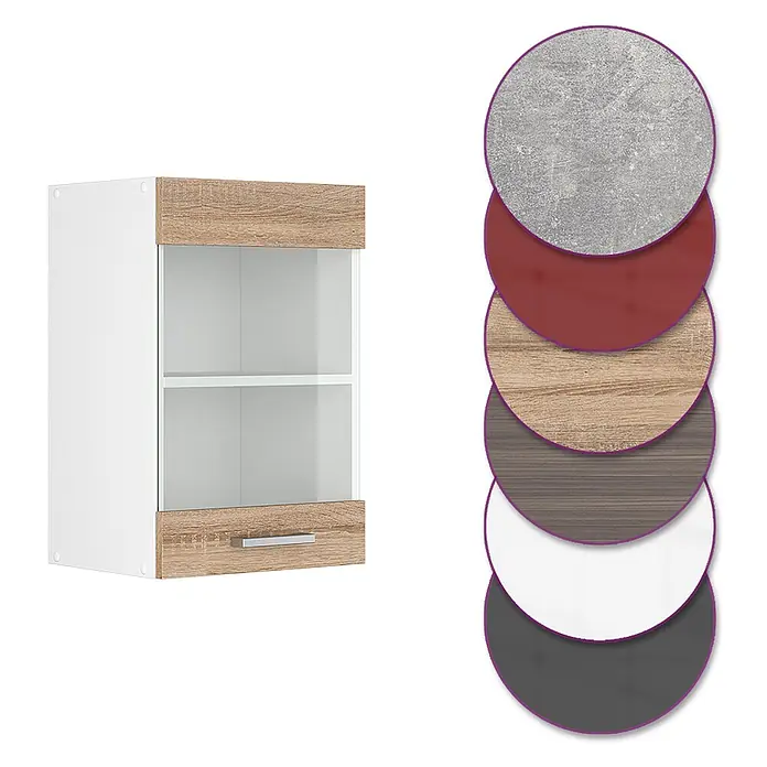 Vicco Schrankküche R-Line Sonoma - Sonoma, Hängeglasschrank 40 cm - Weißer Wandschrank mit hellen Holzfronten, Glastür und silbernem Griff.
