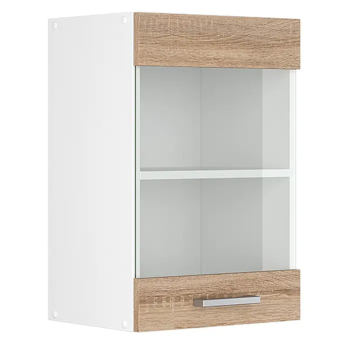 Vicco Schrankküche R-Line Sonoma - Sonoma, Hängeglasschrank 40 cm - Moderner weißer Wandschrank mit heller Holzleiste, Glastür, Einlegeboden und silbernem Griff.