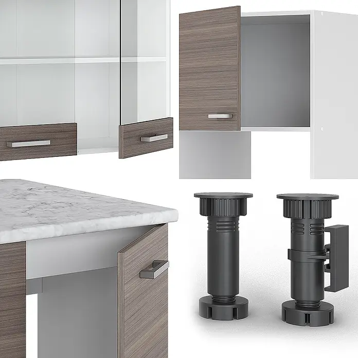 Vicco Eckküche R-Line Edelgrau/Weiß, AP Anthrazit - B x T: 247 x 60 cm, Edelgrau, Ohne Elektrogeräte - Verschiedene Küchenschrankteile: Hängeschränke mit Holzmaserungstüren/-schubladen, Glasfronten, Marmor-Arbeitsplatte und dunkelgrauen verstellbaren Stützfüßen.