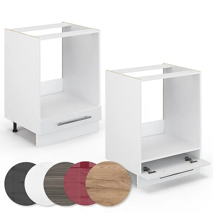 Vicco Schrankküche Fame-Line Weiß Hochglanz ohne Arbeitsplatte - Weiß Hochglanz, Herdumbauschrank 60 cm - Zwei weiße Küchenunterschränke für Einbaugeräte, einer mit Schublade, einer mit Klapptür. Materialmuster angezeigt.