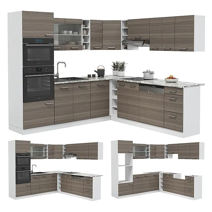 Vicco Eckküche R-Line Edelgrau/Weiß, AP Anthrazit - B x T: 247 x 60 cm, Edelgrau, Ohne Elektrogeräte - Moderne L-förmige Küche mit dunkelbraunen Holzmaserungsfronten, weißen Rahmen und Arbeitsplatten in Marmoroptik, inklusive integrierter Geräte.