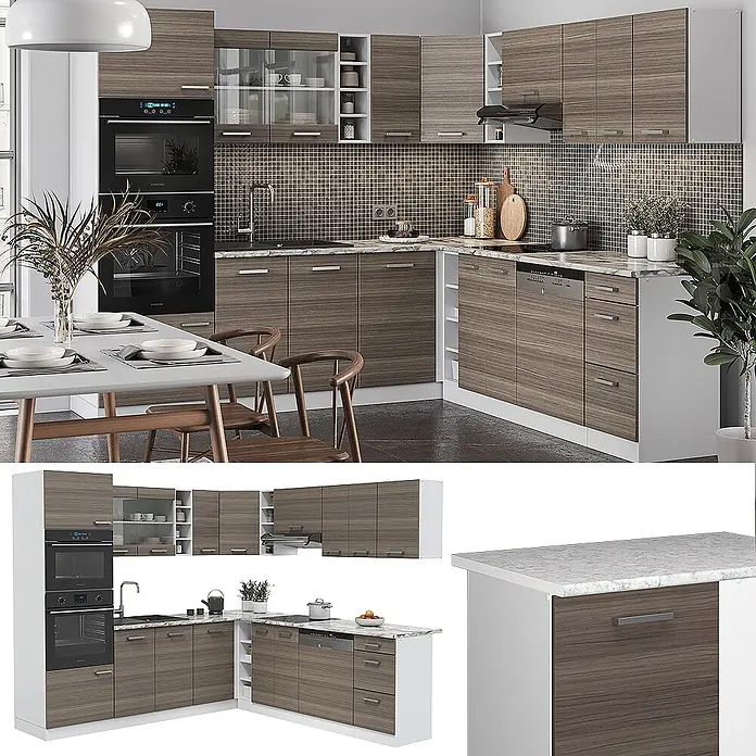 Vicco Eckküche R-Line Edelgrau/Weiß, AP Anthrazit - B x T: 247 x 60 cm, Edelgrau, Ohne Elektrogeräte - L-förmige Küche mit braunen Holzmaserungsschränken und weißen Arbeitsplatten, inklusive Einbaugeräten und Essbereich.