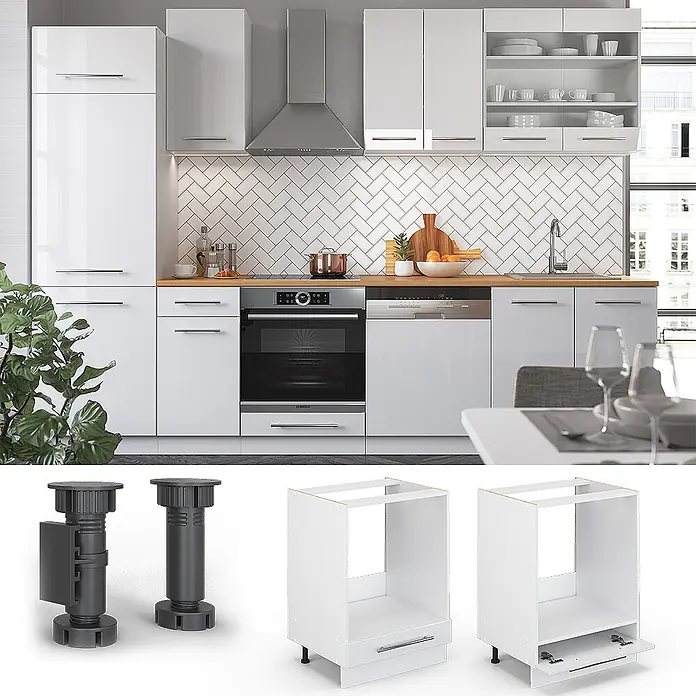Vicco Schrankküche Fame-Line Weiß Hochglanz, AP Anthrazit - Weiß Hochglanz, Herdumbauschrank 60 cm, AP Anthrazit - Moderne weiße Modulküche mit Holzarbeitsplatten, integriertem Backofen und Geschirrspüler, gezeigt mit verstellbaren Füßen und Unterschränken.