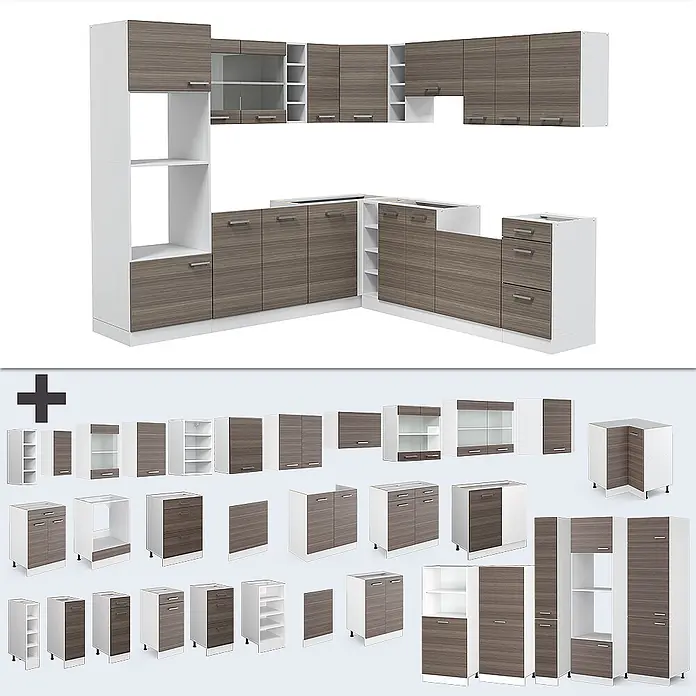 Vicco Eckküche R-Line Edelgrau/Weiß, AP Anthrazit - B x T: 247 x 60 cm, Edelgrau, Ohne Elektrogeräte - L-förmige Modulküche in Weiß und brauner Holzmaserung mit vielen einzelnen Schrank- und Regalmodulen.
