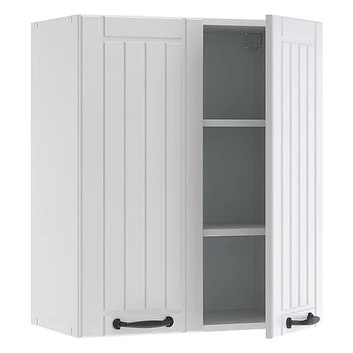 Vicco Schrankküche Fame-Line Weiß Landhaus - Weiß Landhaus, Hängeschrank 60 cm - Weißer Wandschrank mit zwei gerillten Türen, eine offenbart zwei Einlegeböden, mit schwarzen Griffen.