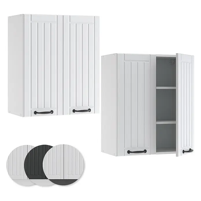 Vicco Schrankküche Fame-Line Weiß Landhaus - Weiß Landhaus, Hängeschrank 60 cm - Weiße Küchenhängeschränke mit schwarzen Griffen. Einer ist offen und zeigt Innenfächer.