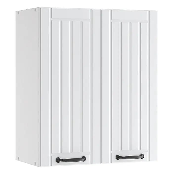 Vicco Schrankküche Fame-Line Weiß Landhaus - Weiß Landhaus, Hängeschrank 60 cm - Weißer Hängeschrank mit zwei Lattentüren und schwarzen Griffen.
