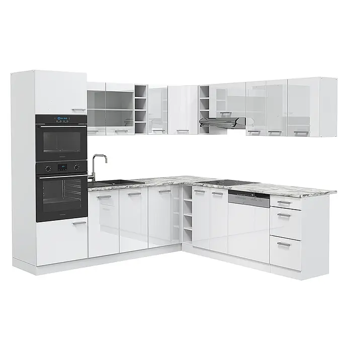 Vicco Eckküche R-Line Weiß Hochglanz/Weiß ohne Arbeitsplatte - B x T: 247 x 46 cm, Weiß Hochglanz, Ohne Elektrogeräte - L-förmige Küchenzeile mit weißen Hochglanzschränken, Marmor-Arbeitsplatte, integrierten Öfen, Spüle, Kochfeld und Spülmaschine.