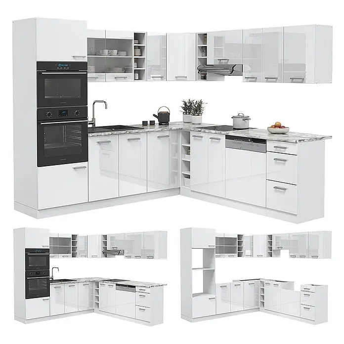 Vicco Eckküche R-Line Weiß Hochglanz/Weiß, AP Eiche - B x T: 247 x 60 cm, Weiß Hochglanz, Ohne Elektrogeräte - Weiße Hochglanz L-förmige Küche mit marmorierter Arbeitsplatte und integrierten Geräten wie Backöfen, Kochfeld, Spüle, Geschirrspüler.