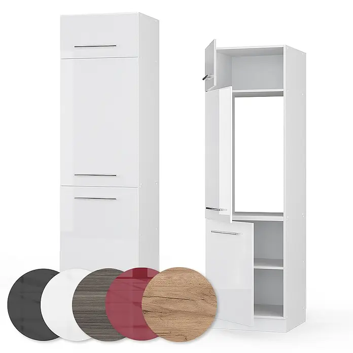 Vicco Schrankküche Fame-Line Weiß Hochglanz - Weiß Hochglanz, Kühlumbauschrank 60 cm - Weiße Hochglanz-Hochschränke, einer geschlossen, einer offen mit Regalböden. Inklusive Farb-/Materialmuster.