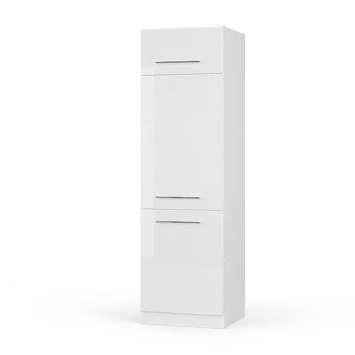 Vicco Schrankküche Fame-Line Weiß Hochglanz - Weiß Hochglanz, Kühlumbauschrank 60 cm - Weißer Hochschrank mit Hochglanzoberfläche, drei Fächern und horizontalen Metallgriffen.