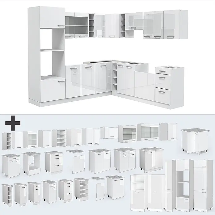 Vicco Eckküche R-Line Weiß Hochglanz/Weiß, AP Eiche - B x T: 247 x 60 cm, Weiß Hochglanz, Ohne Elektrogeräte - Weiße modulare Hochglanz-Küchenschrankgarnitur mit verschiedenen Ober- und Unterschränken.