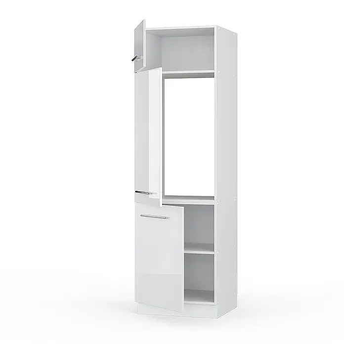 Vicco Schrankküche Fame-Line Weiß Hochglanz - Weiß Hochglanz, Kühlumbauschrank 60 cm - Weißer Hochschrank mit offenen oberen und unteren Türen, der Innenregale und eine Kleiderstange zeigt.