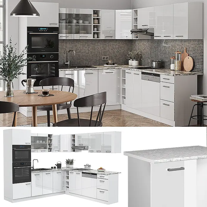 Vicco Eckküche R-Line Weiß Hochglanz/Weiß, AP Eiche - B x T: 247 x 60 cm, Weiß Hochglanz, Ohne Elektrogeräte - Weiße Hochglanz-Eckküche mit Marmor-Arbeitsplatte, integrierten Geräten und Oberschränken, in modernem Interieur.