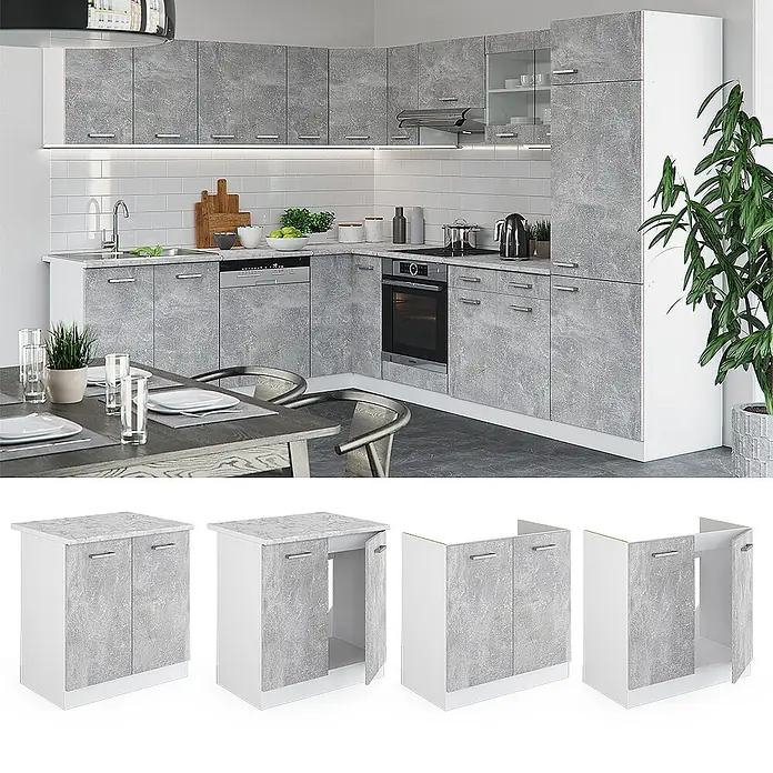 Vicco Schrankküche R-Line Beton, AP Anthrazit - Beton, Spülenunterschrank 80 cm, AP Anthrazit - L-förmige Küchenzeile mit grauen Betonoptik-Schrankfronten, weißem Korpus und Arbeitsplatte. Inklusive Ober-, Unter- und Hochschränke.