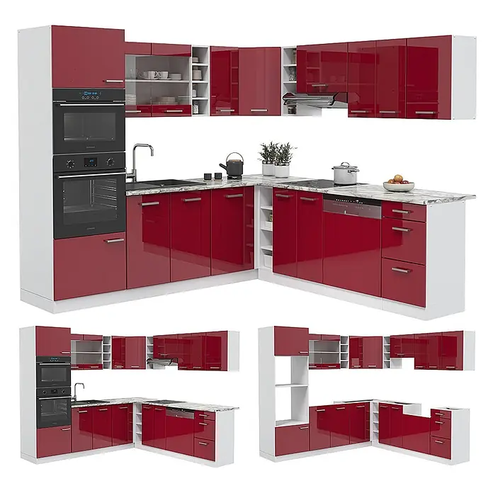 Vicco Eckküche R-Line Rot Hochglanz/Weiß, AP Anthrazit - B x T: 247 x 60 cm, Rot Hochglanz, Ohne Elektrogeräte - Moderne L-förmige Küchenzeile mit glänzenden roten Schränken, weißen Rahmen und Marmoroptik-Arbeitsplatten, inklusive Geräten.