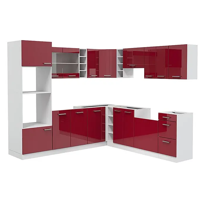 Vicco Eckküche R-Line Rot Hochglanz/Weiß, AP Anthrazit - B x T: 247 x 60 cm, Rot Hochglanz, Ohne Elektrogeräte - L-förmige Küchenschrankgarnitur in Rot-Weiß. Mit glänzenden roten Türen, teils Glas, Schubladen und weißen offenen Regalen.