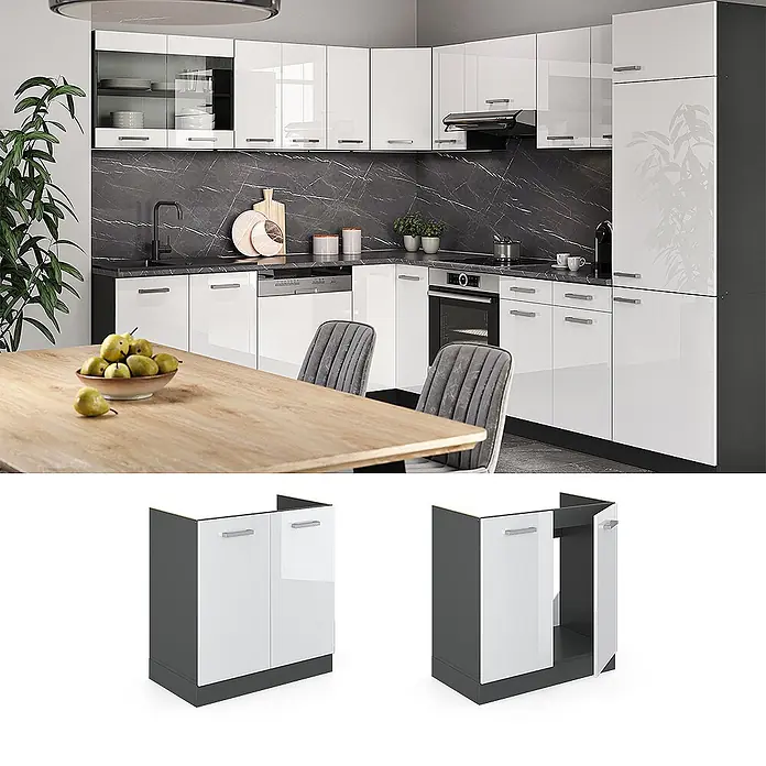 Vicco Schrankküche R-Line Weiß Hochglanz AP Marmor - Weiß Hochglanz, Spülenunterschrank 80 cm, AP Marmor - Moderne Küche mit glänzend weißen Modulschränken, dunkelgrauen Rahmen und marmorierter Arbeitsplatte.