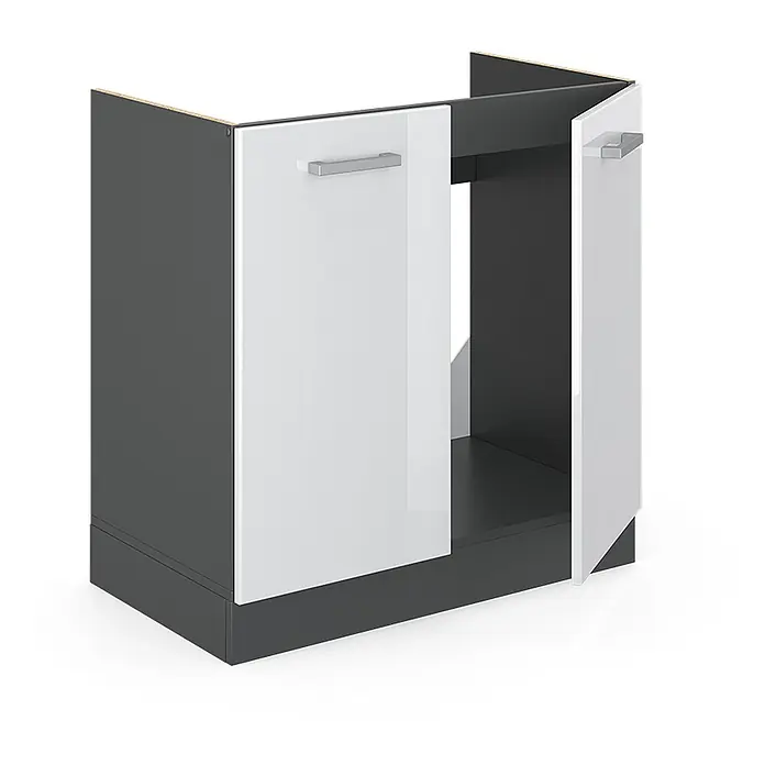 Vicco Schrankküche R-Line Weiß Hochglanz AP Marmor - Weiß Hochglanz, Spülenunterschrank 80 cm, AP Marmor - Dunkelgrauer Unterschrank mit zwei weißen Hochglanztüren, silbernen Griffen und offenem Bereich für ein Spülbecken.