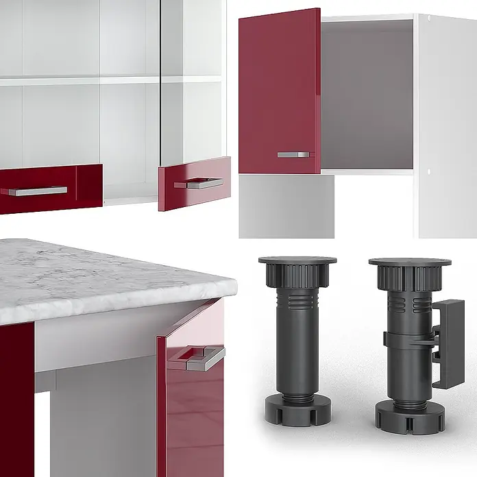 Vicco Eckküche R-Line Rot Hochglanz/Weiß, AP Anthrazit - B x T: 247 x 60 cm, Rot Hochglanz, Ohne Elektrogeräte - Modulare Küchenschrankkomponenten: glänzend rote Türen/Schubladen mit Griffen, weiße Marmorarbeitsplatte und verstellbare schwarze Kunststofffüße.