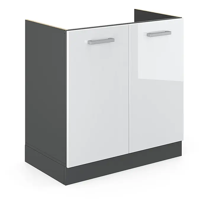 Vicco Schrankküche R-Line Weiß Hochglanz ohne Arbeitsplatte - Weiß Hochglanz, Spülenunterschrank 80 cm - Weiß hochglänzender zweitüriger Unterschrank mit dunkelgrauem Korpus und silbernen Griffen.