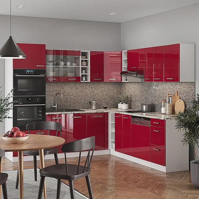 Vicco Eckküche R-Line Rot Hochglanz/Weiß, AP Anthrazit - B x T: 247 x 60 cm, Rot Hochglanz, Ohne Elektrogeräte - Glänzende rote Küchenschränke mit weißen Arbeitsplatten und integrierten Geräten in L-förmiger Anordnung in einer modernen Küche.