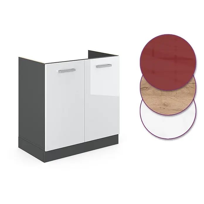 Vicco Schrankküche R-Line Weiß Hochglanz AP Marmor - Weiß Hochglanz, Spülenunterschrank 80 cm, AP Marmor - Dunkelgrauer Küchenunterschrank mit zwei weißen Hochglanztüren und silbernen Griffen. Rote, Holz- und weiße Farboptionen.