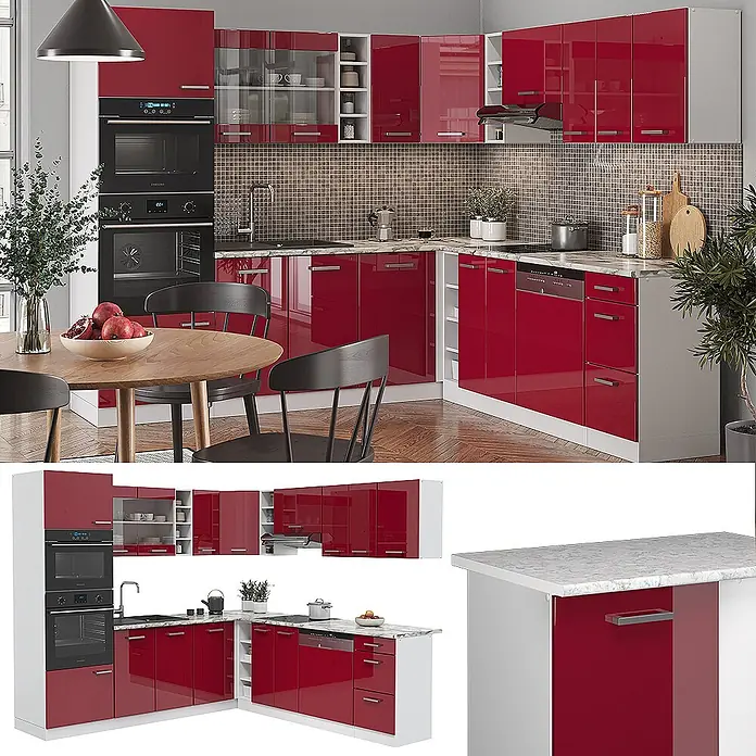 Vicco Eckküche R-Line Rot Hochglanz/Weiß, AP Anthrazit - B x T: 247 x 60 cm, Rot Hochglanz, Ohne Elektrogeräte - Moderne rote Hochglanz-Küchenschränke mit weißen Akzenten, Marmoroptik-Arbeitsplatten und Einbaugeräten für eine stilvolle Küche.