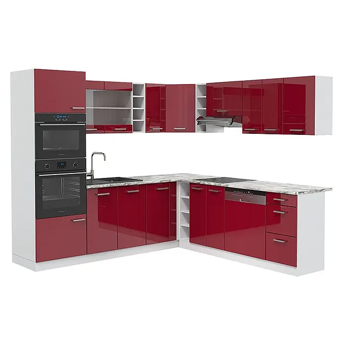 Vicco Eckküche R-Line Rot Hochglanz/Weiß, AP Marmor - B x T: 247 x 60 cm, Rot Hochglanz, Ohne Elektrogeräte - Moderne L-förmige Küche mit glänzenden roten und weißen Schränken, Marmorarbeitsplatte, integrierten Öfen, Spüle, Kochfeld und Geschirrspüler.