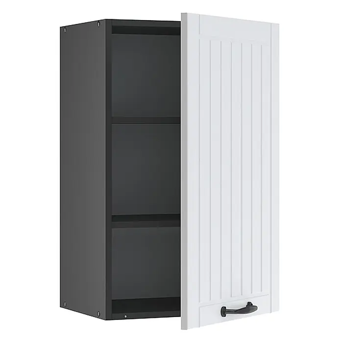 Vicco Schrankküche Fame-Line Weiß Landhaus - Weiß Landhaus, Hängeschrank 45 cm - Weißer Wandschrank mit Lamellentür, dunkelgrauem Innenraum und schwarzem Griff, leicht geöffnet.