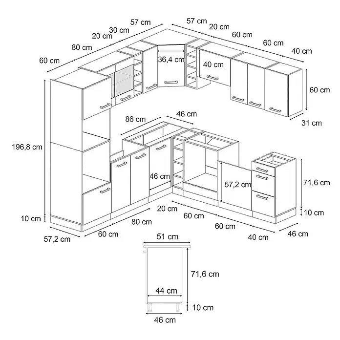 Vicco Eckküche R-Line Rot Hochglanz/Weiß, AP Marmor - B x T: 247 x 60 cm, Rot Hochglanz, Ohne Elektrogeräte - Detaillierte Strichzeichnung eines modularen Küchenschrank-Layouts in L-Form mit Maßen zur Planung.
