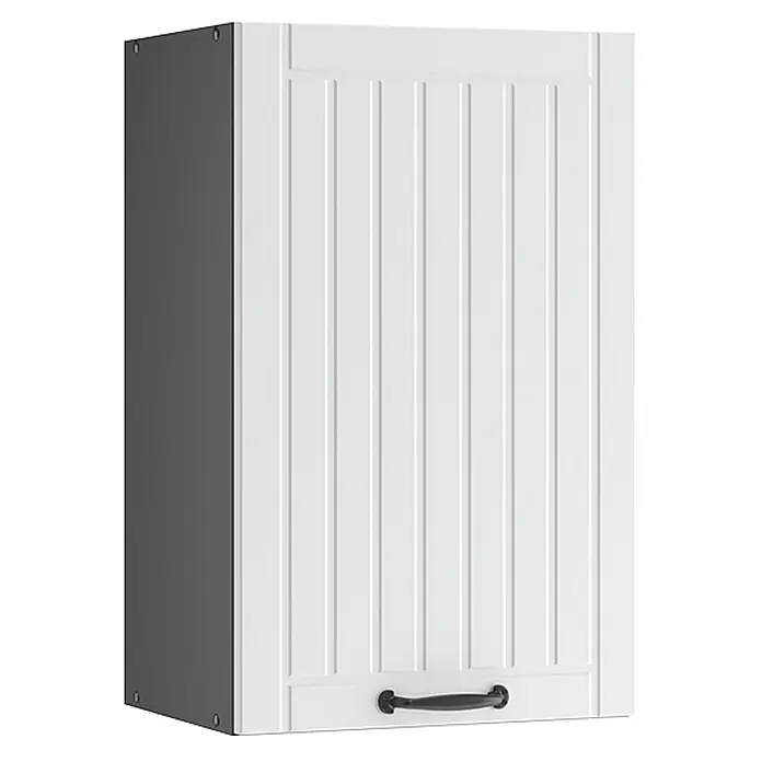 Vicco Schrankküche Fame-Line Weiß Landhaus - Weiß Landhaus, Hängeschrank 45 cm - Weißer Wandschrank mit vertikaler Paneeltür und dunkelgrauer Seite, mit schwarzem Griff.